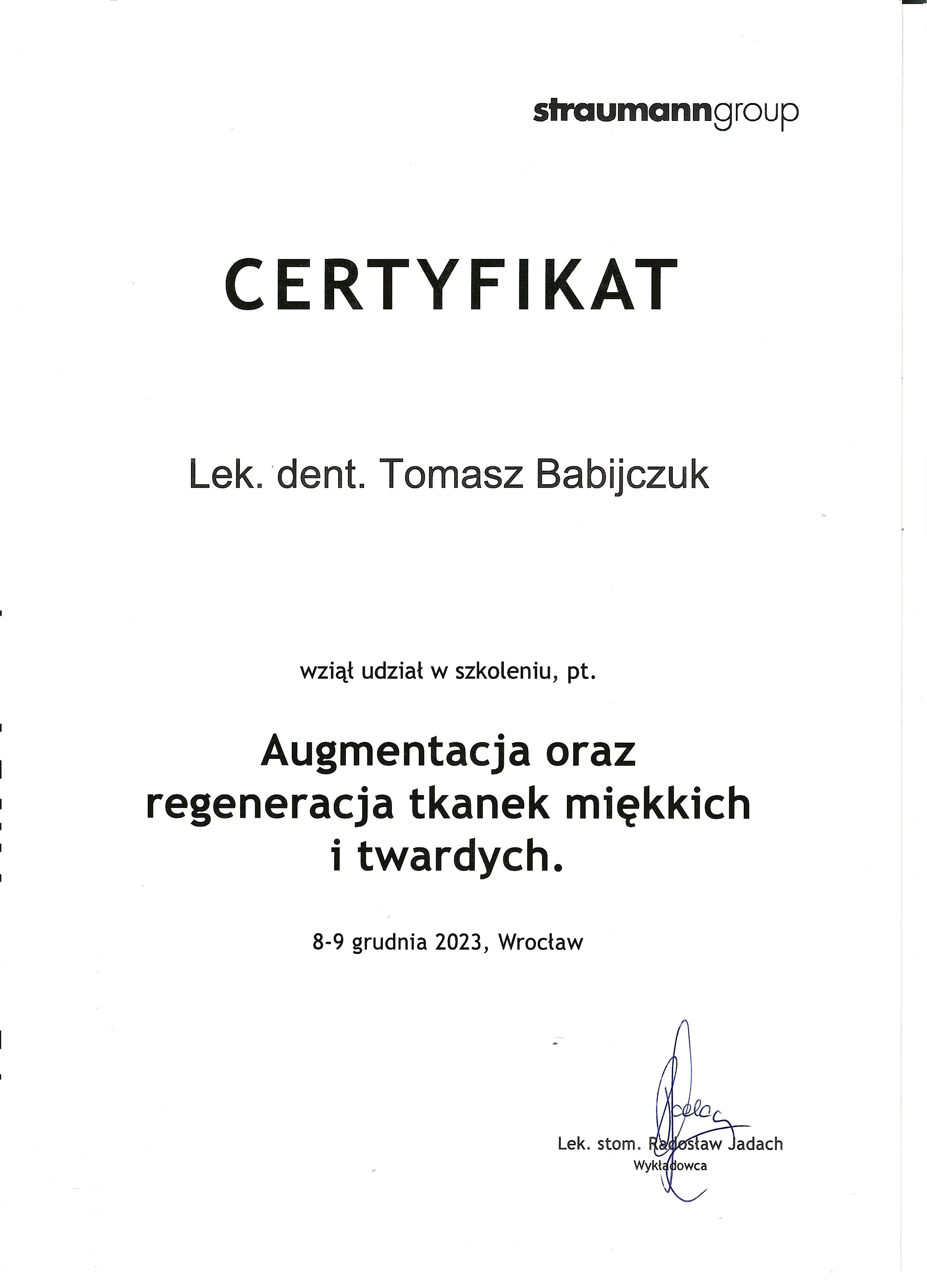 Certyfikat Augmentacja Kości - Tomasz Babijczuk